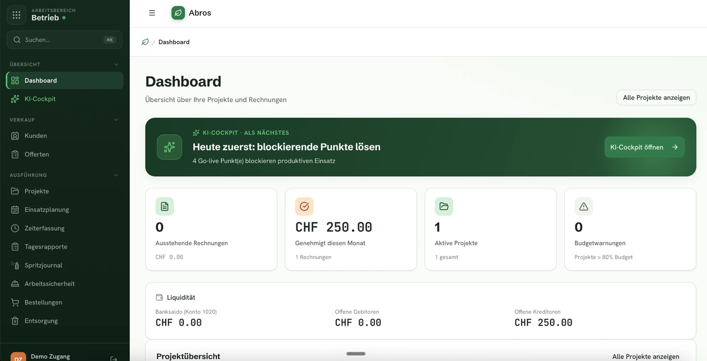 Dashboard eines gebauten ERP für einen Gartenbau-Betrieb